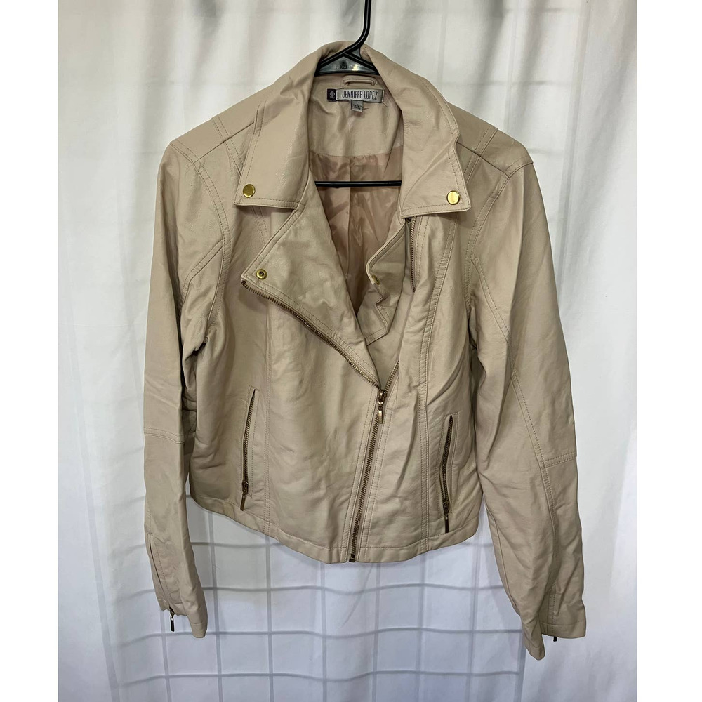 Jennifer Lopez Cream Faux Leather Biker Jacket